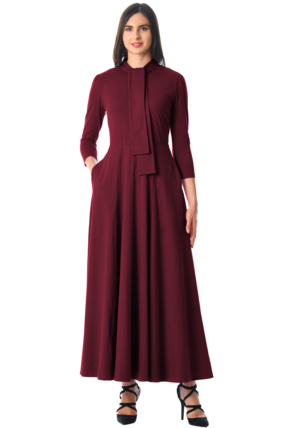 BY610398-3 Burgundy Pocketed  Sleeves Tie Neck Maxi Dress